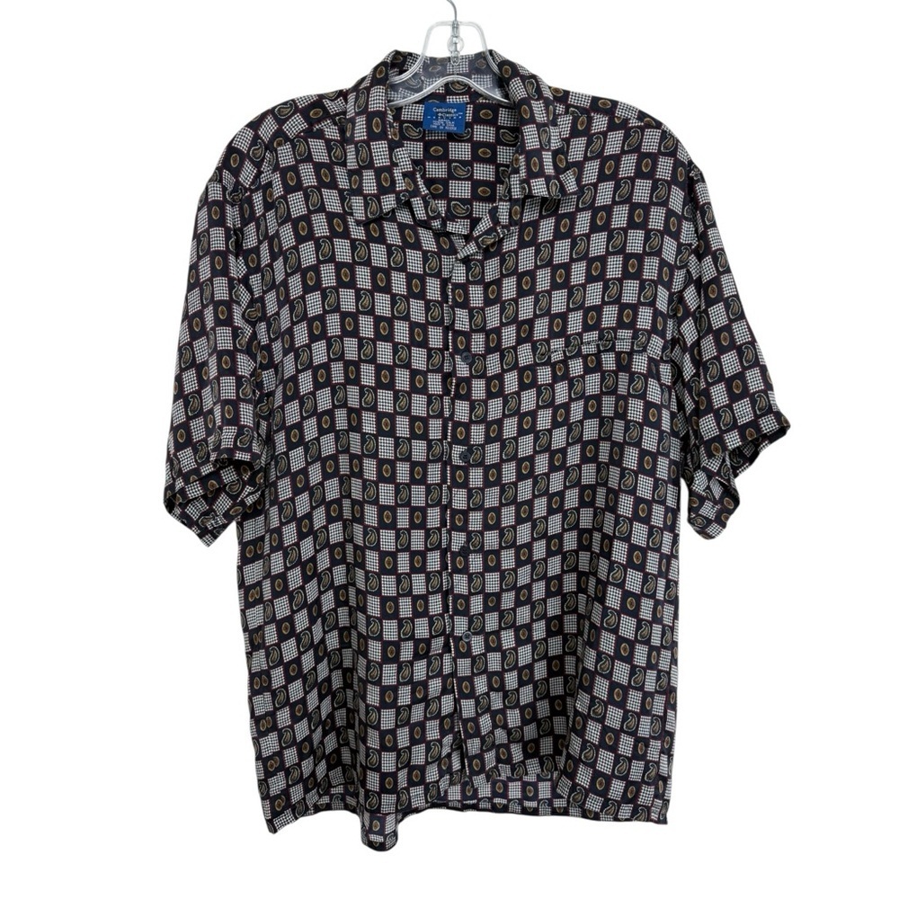 Vintage Silk Checkered Shirt Size Small Navy Blue Preppy Classic 90s